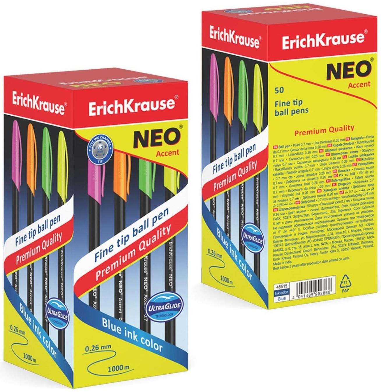 Ручка шариковая ErichKrause Neo Accent, игольчатый узел 0.7 мм, чернила синие, длина письма 1000 метров, цена указана за 1 штуку, микс