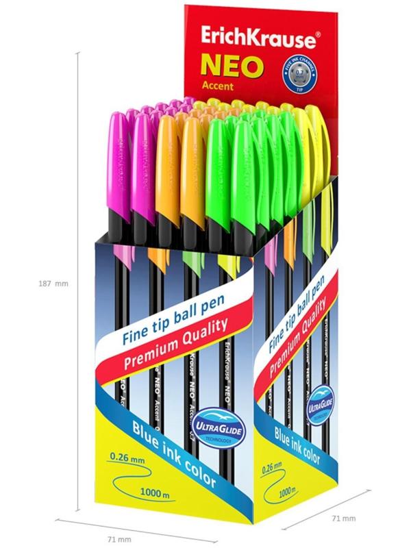 Ручка шариковая ErichKrause Neo Accent, игольчатый узел 0.7 мм, чернила синие, длина письма 1000 метров, цена указана за 1 штуку, микс