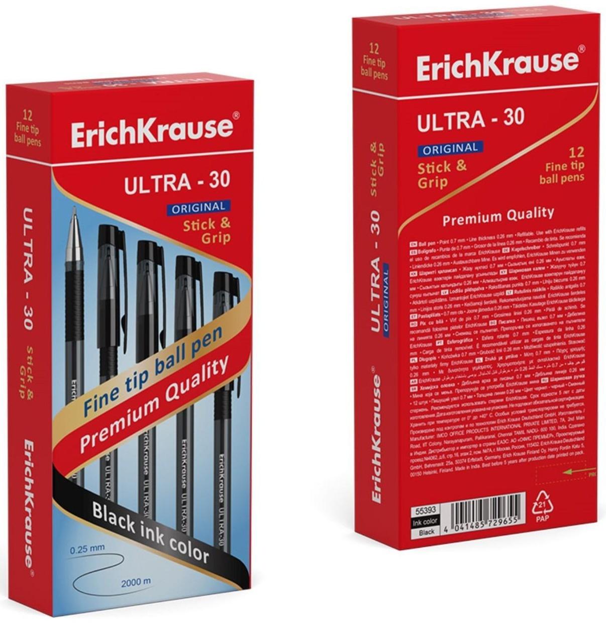 Ручка шариковая ErichKrause ULTRA-30 Original, узел 0.7 мм, чернила чёрные, длина письма 1000 метров