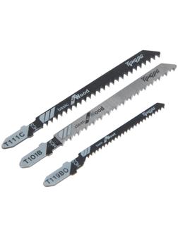 Набор пилок для лобзиков ТУНДРА, по дереву, прямой, фигурный и быстрый рез, HCS, 3 шт.