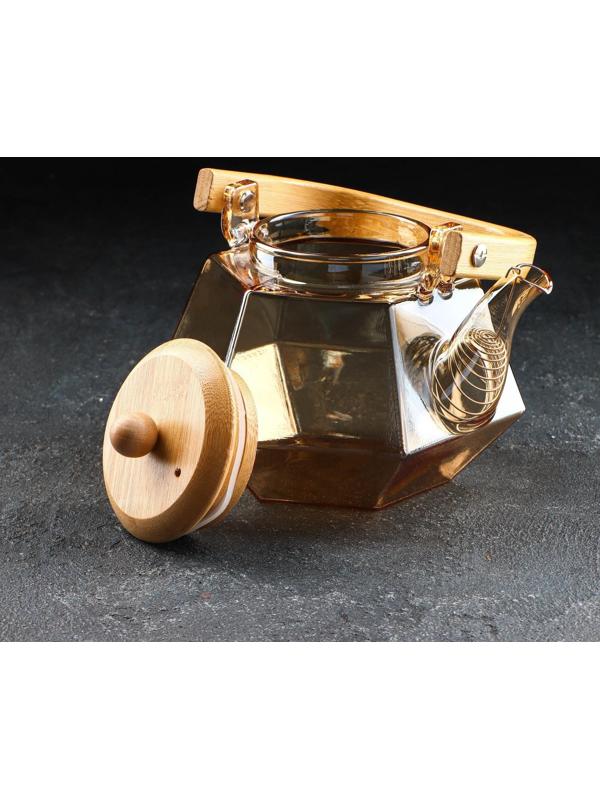 Чайник стеклянный заварочный с бамбуковой крышкой и металлическим фильтром «Октогон», 800 мл, цвет золотой