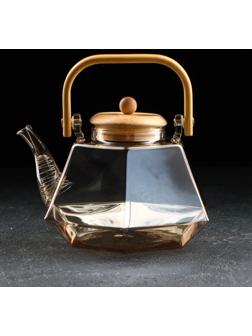 Чайник стеклянный заварочный с бамбуковой крышкой и металлическим фильтром «Октогон», 1,5 л, цвет золотой