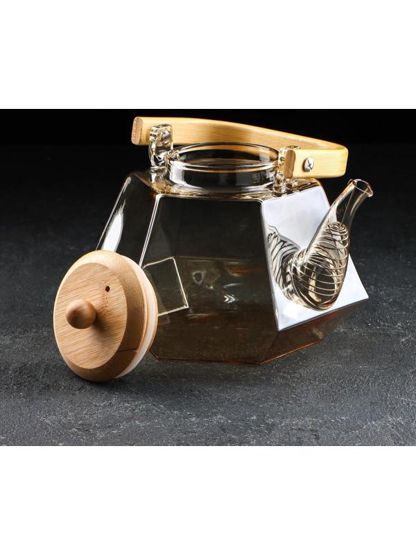 Чайник стеклянный заварочный с бамбуковой крышкой и металлическим фильтром «Октогон», 1,5 л, цвет золотой
