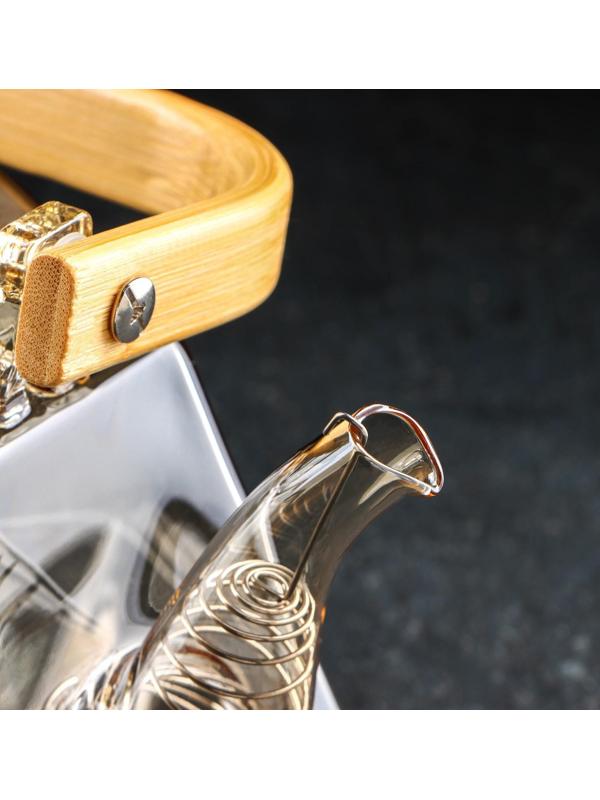 Чайник стеклянный заварочный с бамбуковой крышкой и металлическим фильтром «Октогон», 1,5 л, цвет золотой