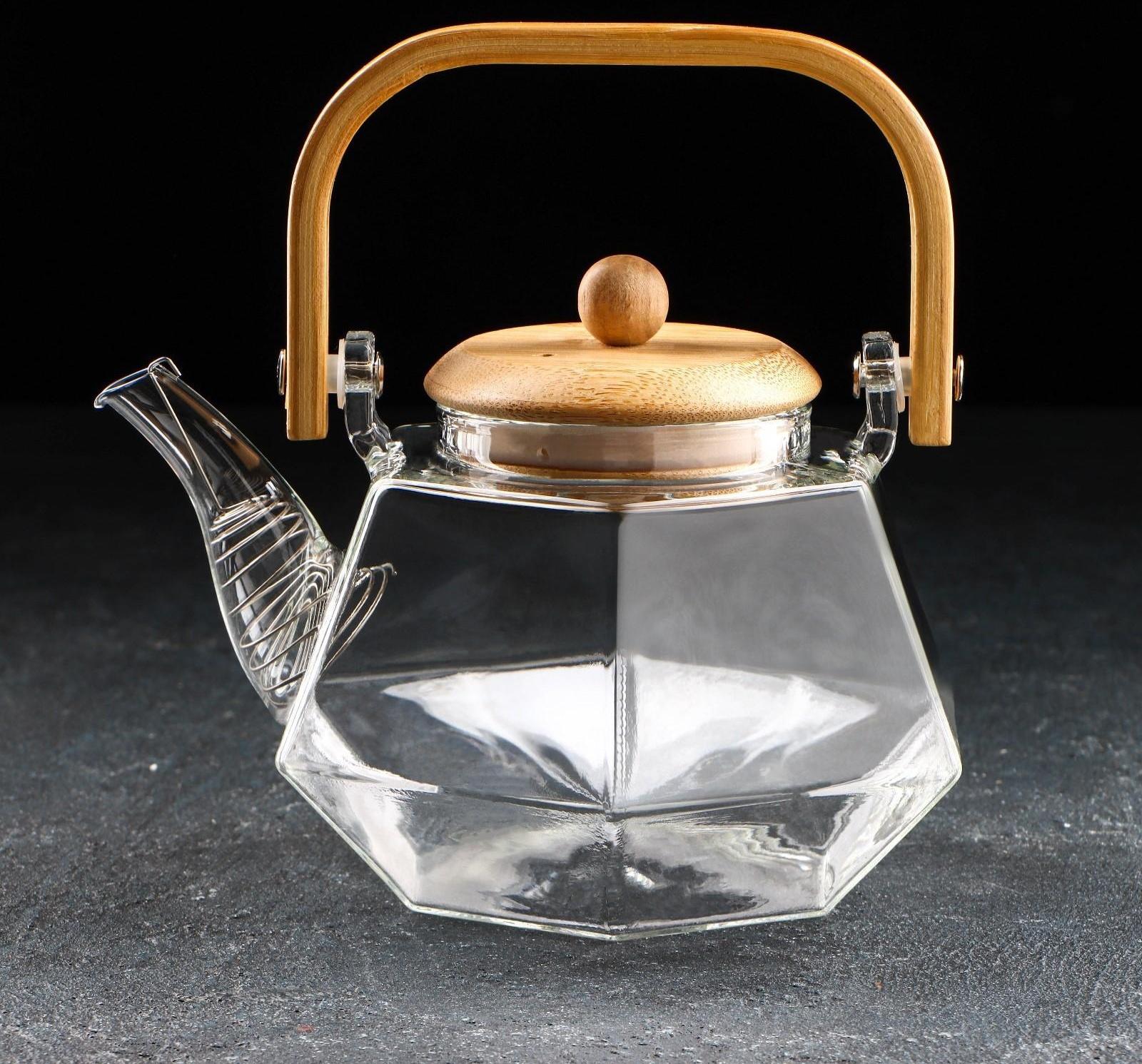 Чайник стеклянный заварочный с бамбуковой крышкой и металлическим фильтром «Октогон», 800 мл