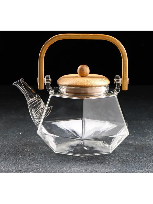 Чайник стеклянный заварочный с бамбуковой крышкой и металлическим фильтром «Октогон», 800 мл