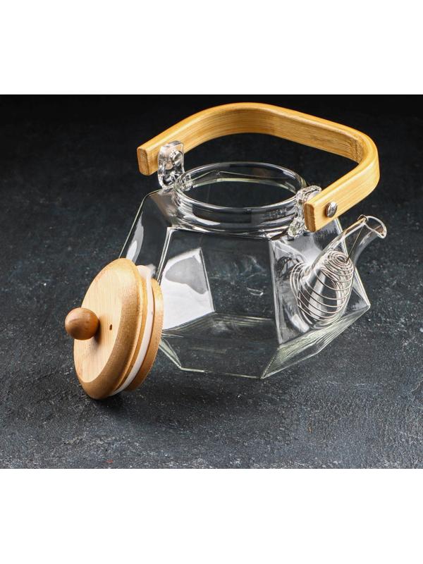 Чайник стеклянный заварочный с бамбуковой крышкой и металлическим фильтром «Октогон», 800 мл