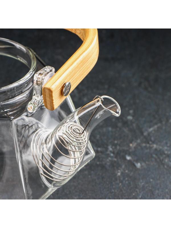 Чайник стеклянный заварочный с бамбуковой крышкой и металлическим фильтром «Октогон», 800 мл