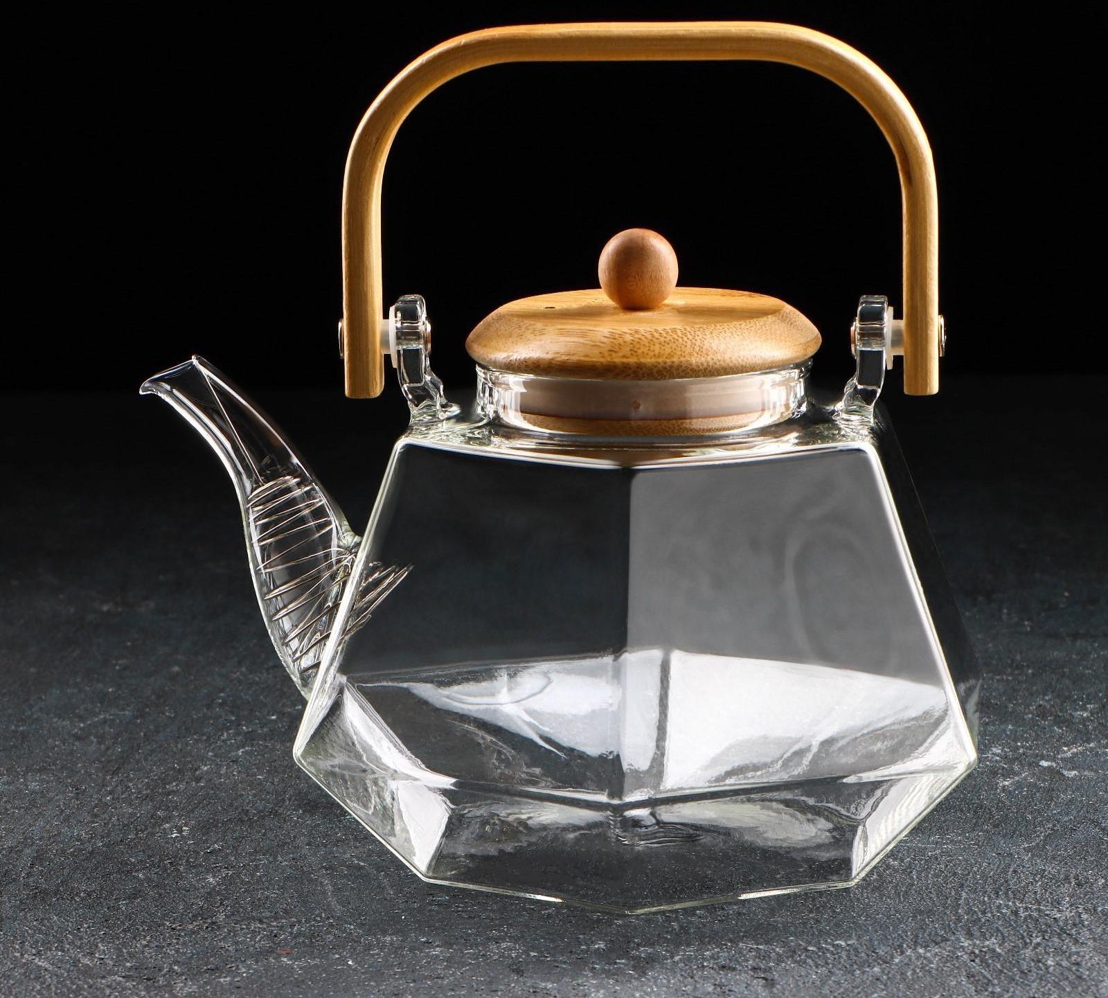 Чайник стеклянный заварочный с бамбуковой крышкой и металлическим фильтром «Октогон», 1,2 л