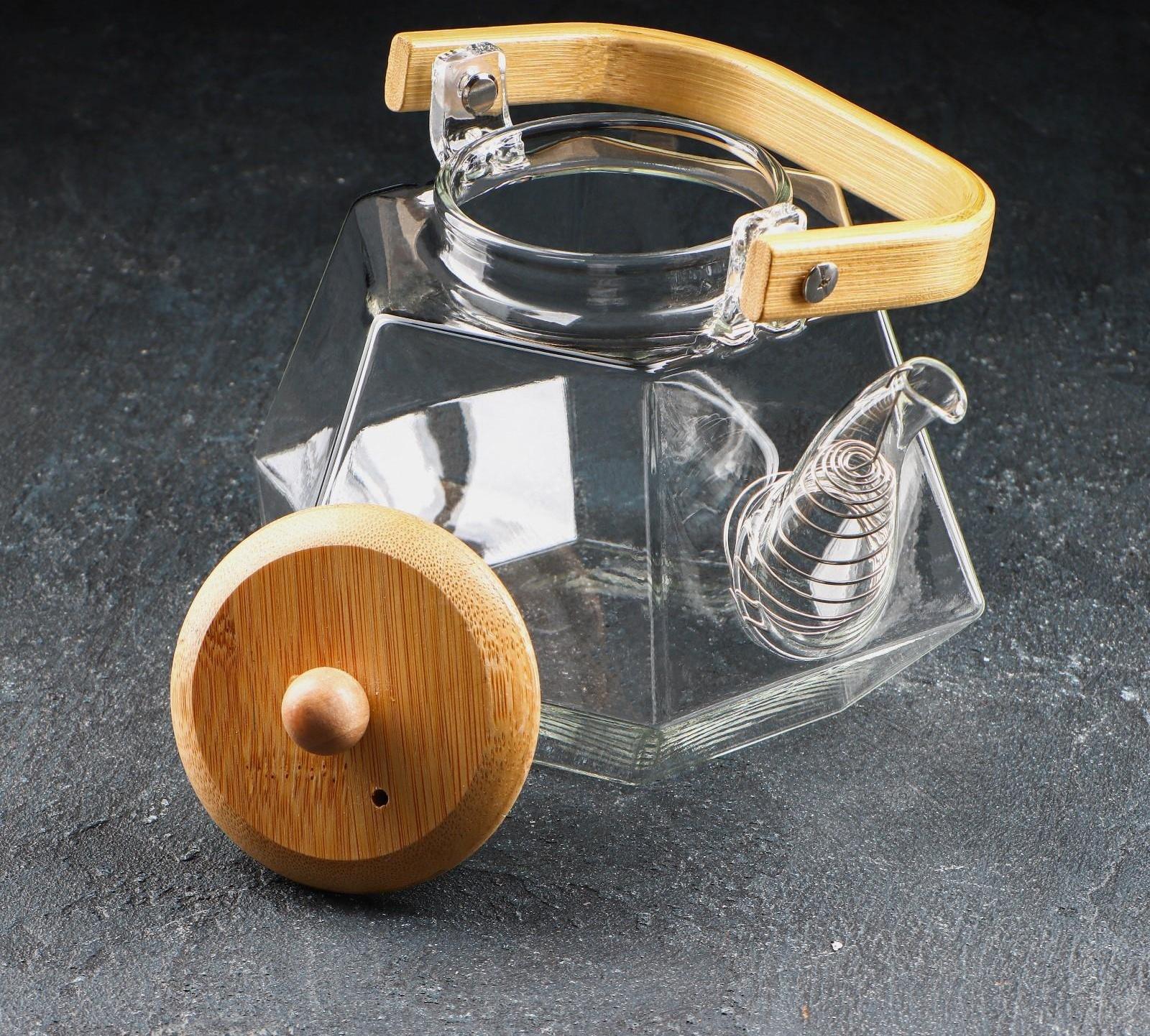 Чайник стеклянный заварочный с бамбуковой крышкой и металлическим фильтром «Октогон», 1,2 л