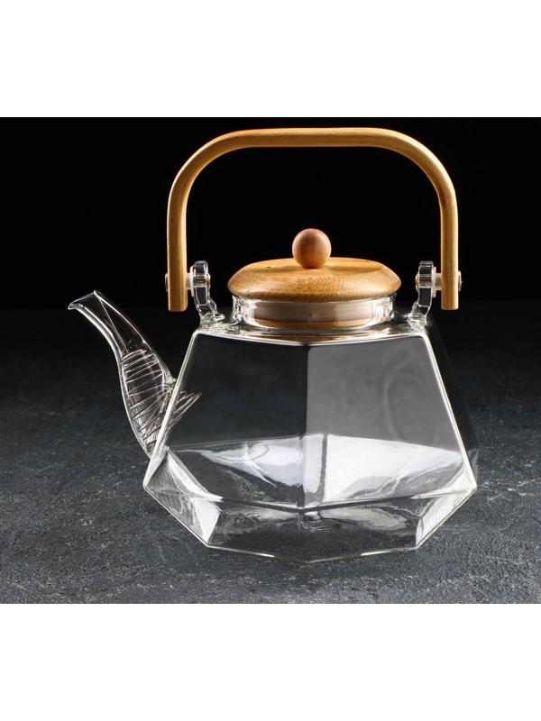 Чайник стеклянный заварочный с бамбуковой крышкой и металлическим фильтром «Октогон», 1,2 л