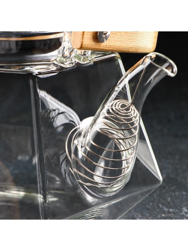 Чайник стеклянный заварочный с бамбуковой крышкой и металлическим фильтром «Октогон», 1,2 л