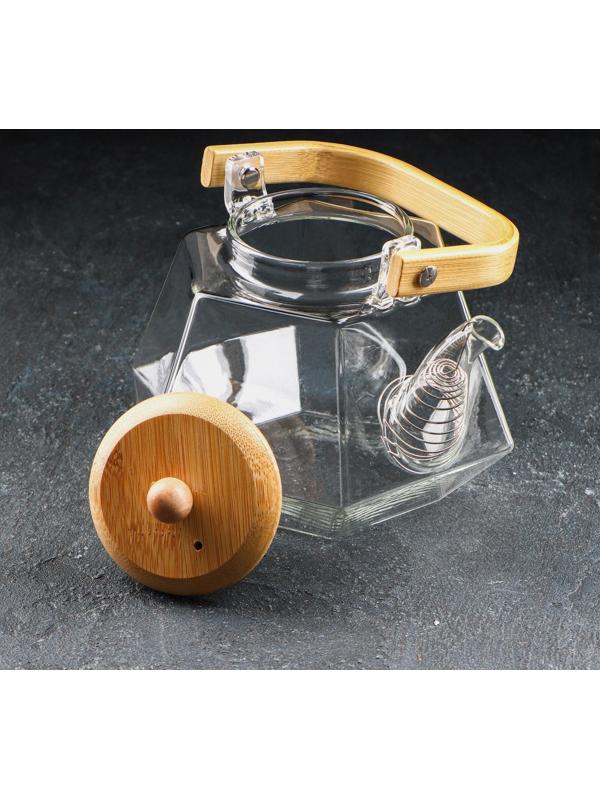 Чайник стеклянный заварочный с бамбуковой крышкой и металлическим фильтром «Октогон», 1,2 л