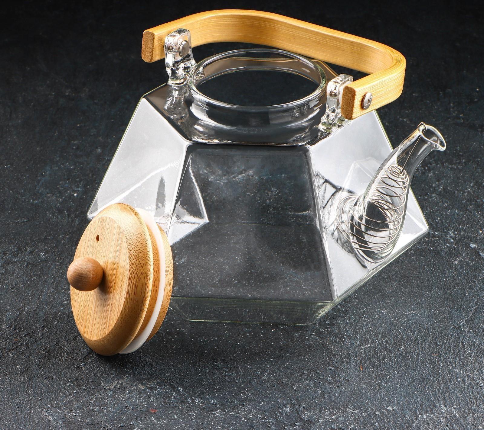 Чайник стеклянный заварочный с бамбуковой крышкой и металлическим фильтром «Октогон», 1,5 л
