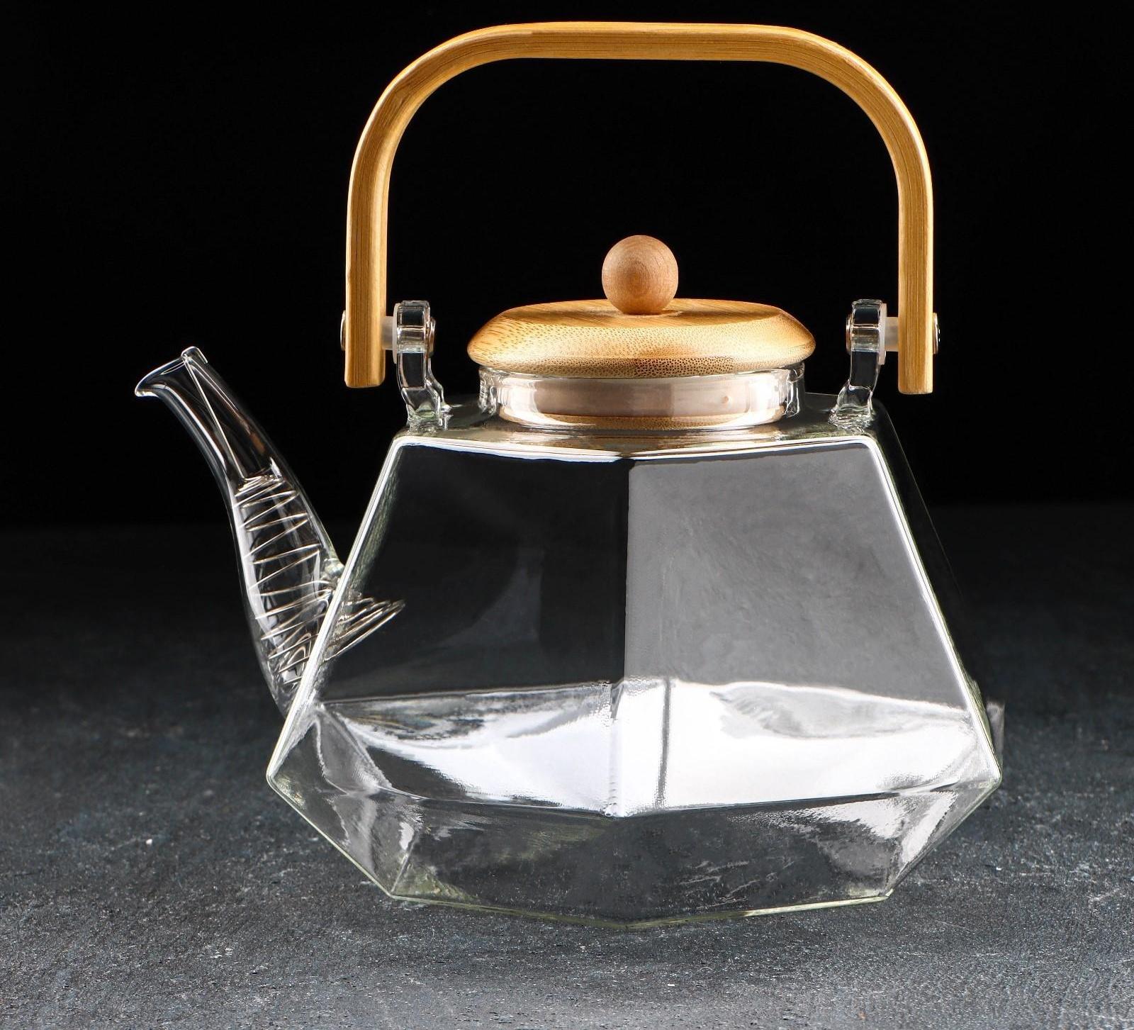 Чайник стеклянный заварочный с бамбуковой крышкой и металлическим фильтром «Октогон», 1,5 л