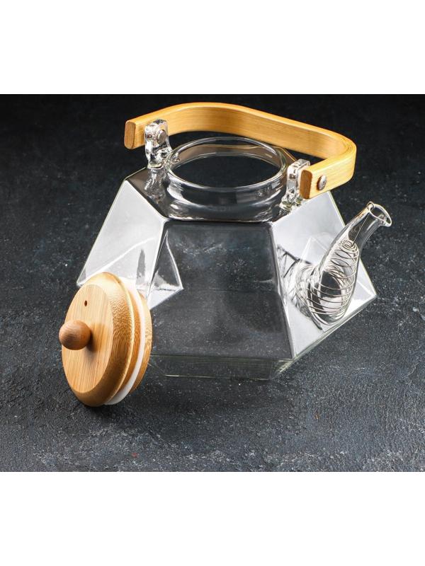 Чайник стеклянный заварочный с бамбуковой крышкой и металлическим фильтром «Октогон», 1,5 л