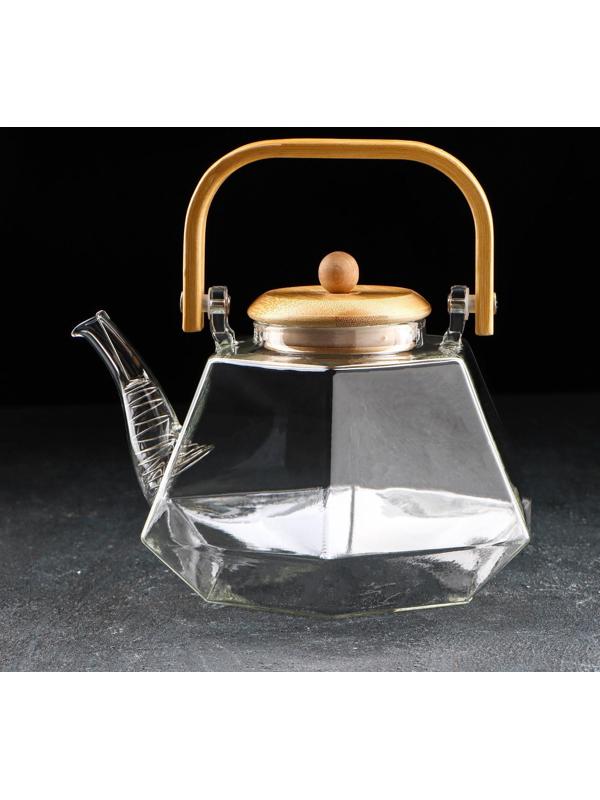 Чайник стеклянный заварочный с бамбуковой крышкой и металлическим фильтром «Октогон», 1,5 л