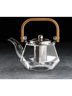 Чайник стеклянный заварочный с бамбуковой крышкой и металлическим ситом «Октогон», 800 мл