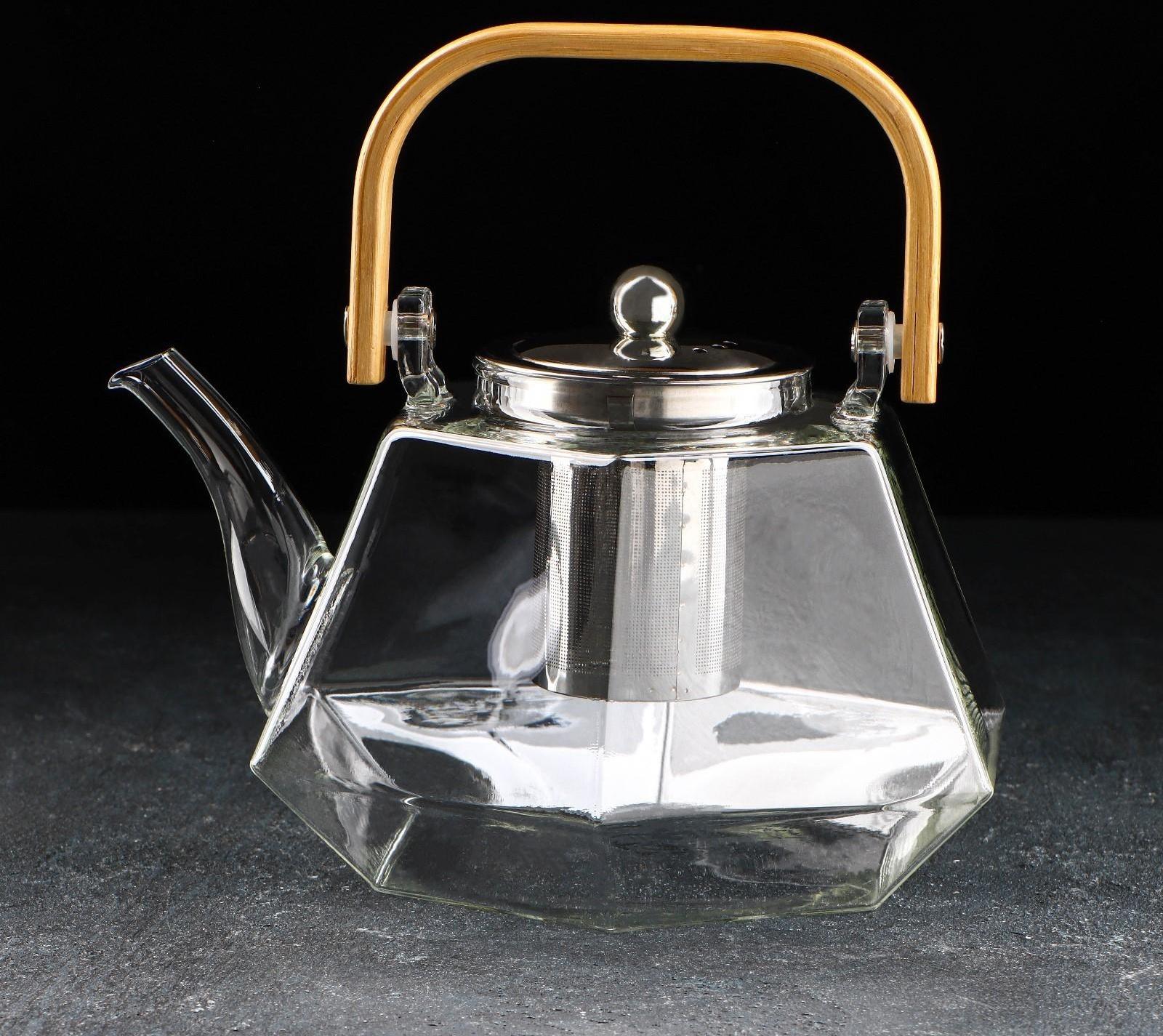 Чайник стеклянный заварочный с бамбуковой крышкой и металлическим ситом «Октогон», 1,5 л