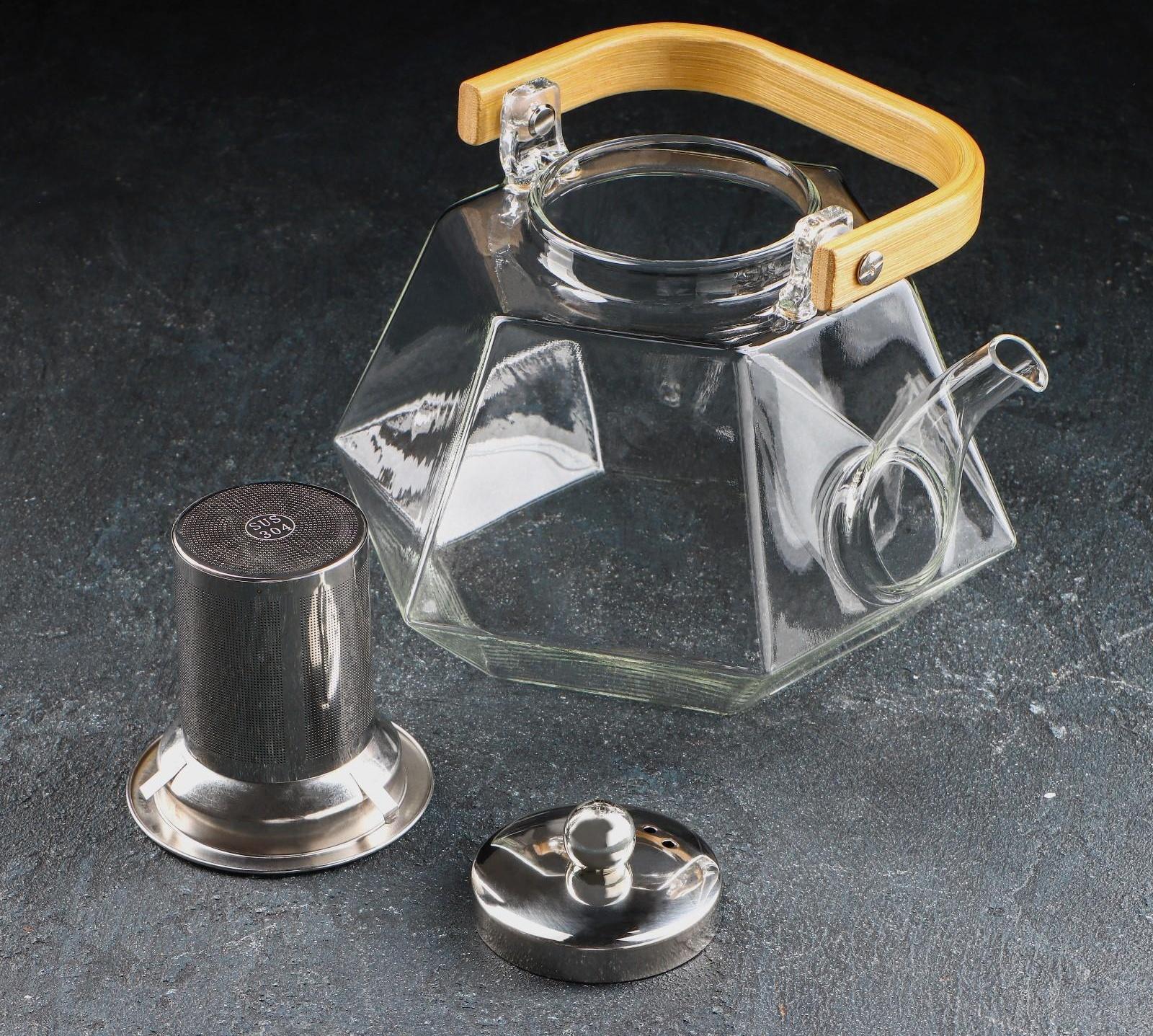 Чайник стеклянный заварочный с бамбуковой крышкой и металлическим ситом «Октогон», 1,5 л