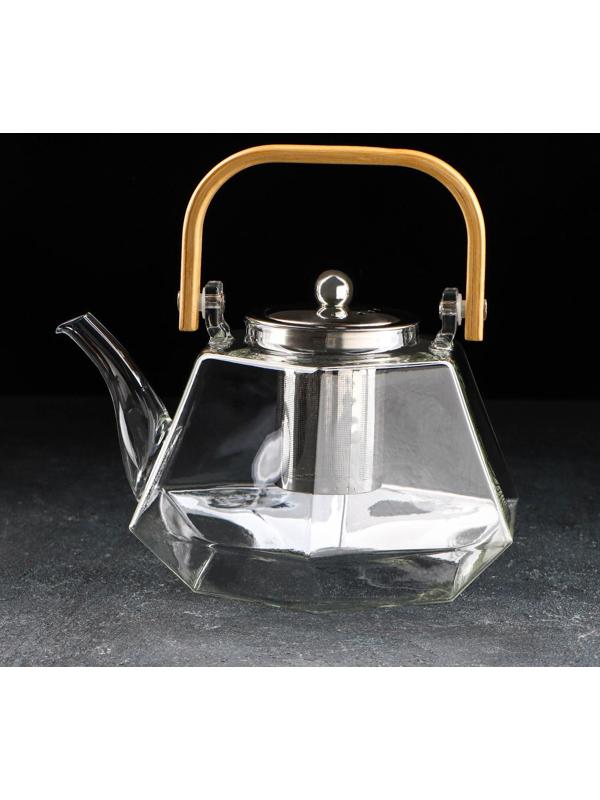 Чайник стеклянный заварочный с бамбуковой крышкой и металлическим ситом «Октогон», 1,5 л