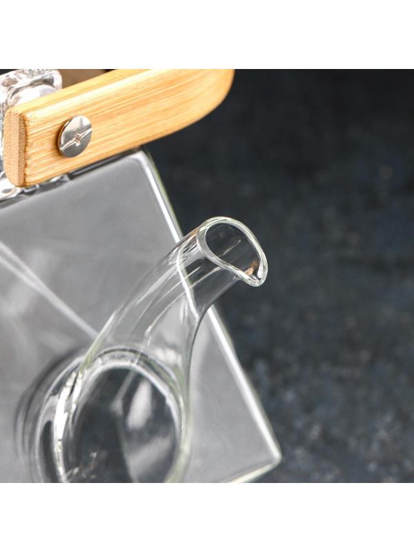 Чайник стеклянный заварочный с бамбуковой крышкой и металлическим ситом «Октогон», 1,5 л