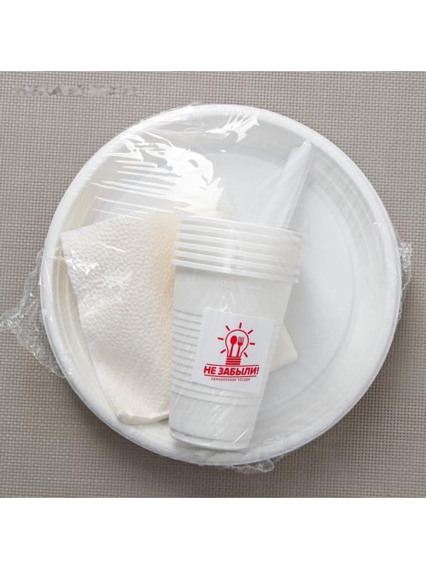 Набор одноразовой посуды на 6 персон «Летний №1», тарелки плоские, стаканчики 200 мл, вилки, бумажные салфетки, цвет белый