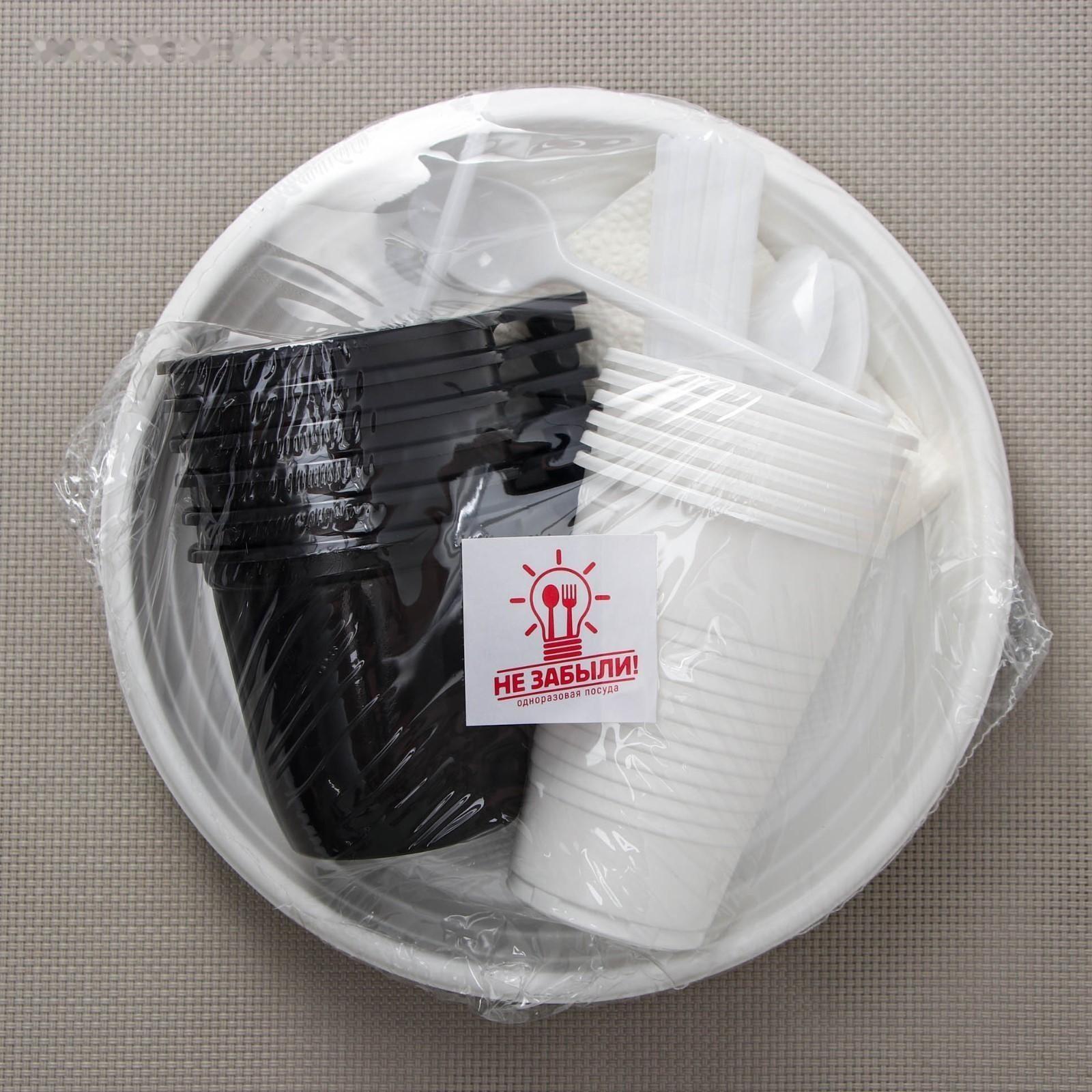 Набор одноразовой посуды на 6 персон «Чайный №2», тарелки, стаканчики 200 мл, кофейные стаканы 200 мл, вилки, чайные ложки, бумажные салфетки, цвет белый