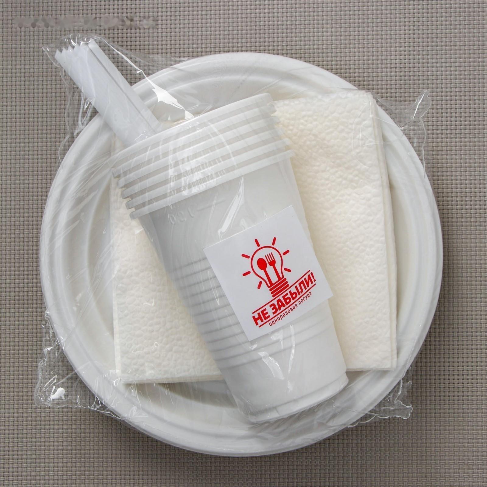 Набор одноразовой посуды на 6 персон «Летний №2», тарелки плоские, стаканчики 200 мл, вилки, салфетки, цвет белый