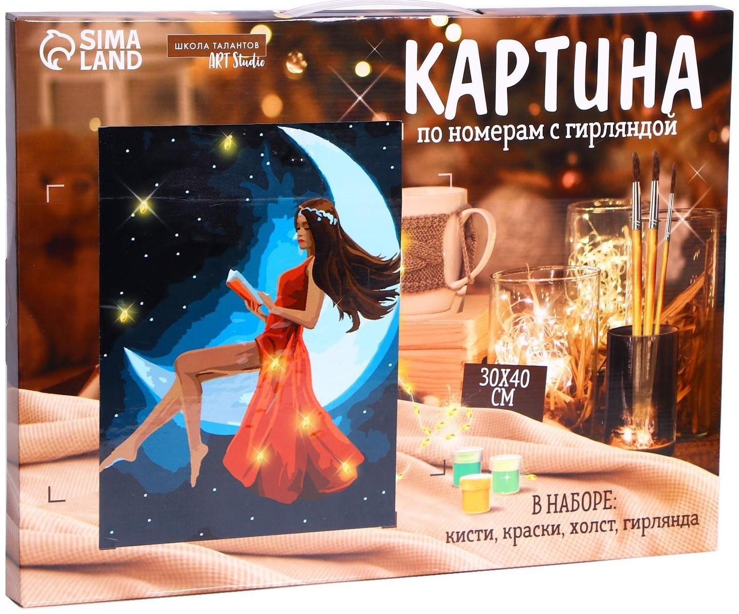 Картина по номерам на раме, с гирляндой «Девочка на луне», 30х40 см