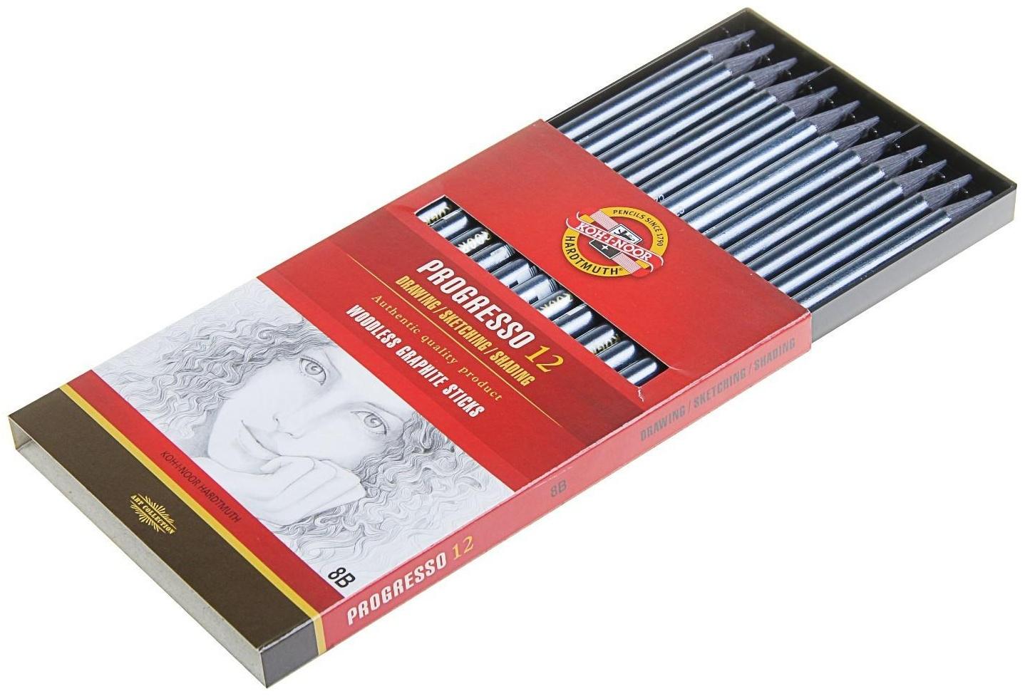 Набор карандашей цельнографитовых в лаке Koh-I-Noor PROGRESSO 8911, 8В, 12 штук в наборе