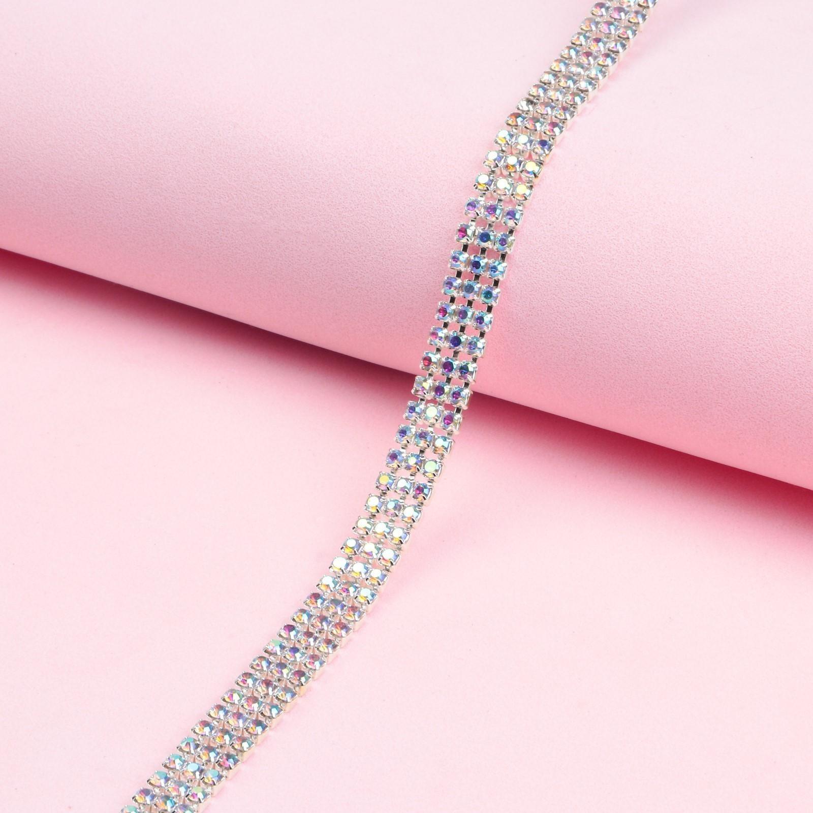 Цепь со стразами, с голографией, 3 ряда, 8 мм, 9 ± 1 м, цвет серебряный