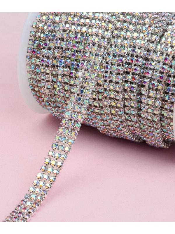 Цепь со стразами, с голографией, 3 ряда, 8 мм, 9 ± 1 м, цвет серебряный