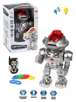Робот, ИК управление, свет, звук, стреляет, в компекте: м/диски 12шт.,
эл.пит.АА*6шт.не вх.в комплект