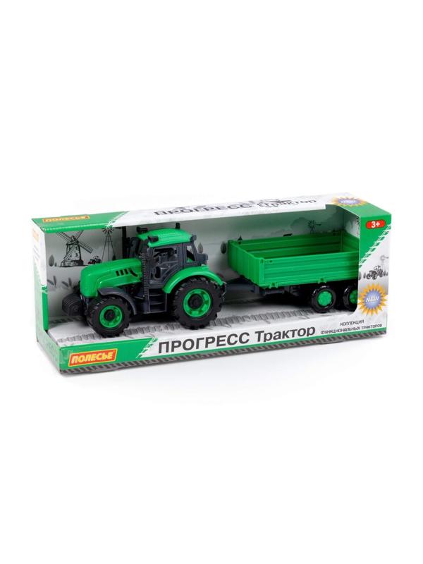 Трактор Прогресс с бортовым прицепом инерционный, (зелёный)