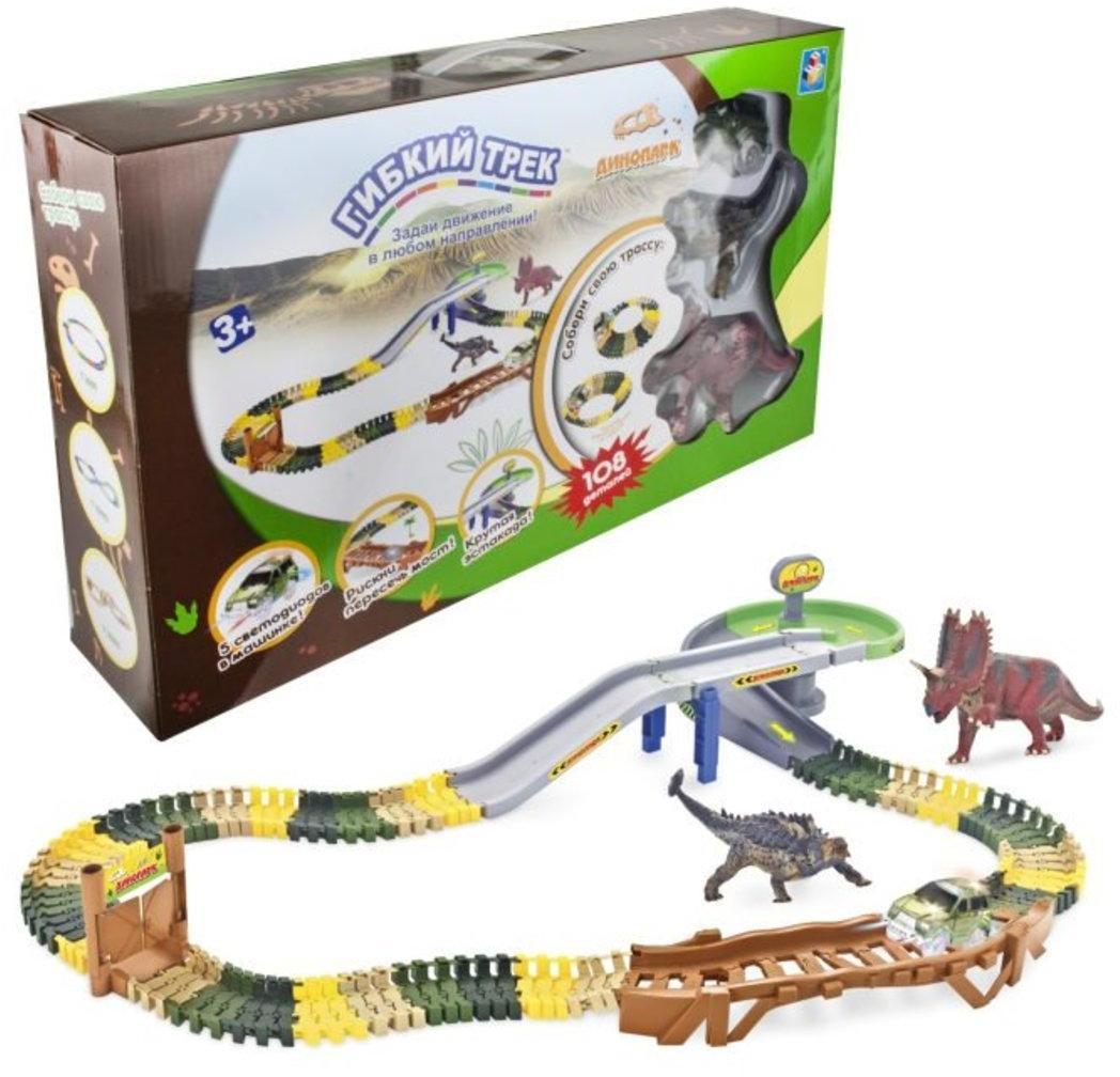 Трек гибкий Динопарк 108 дет, эсткада, туннель, ворота, 2 бол. динозавра 1
маш. с 5 ламп.