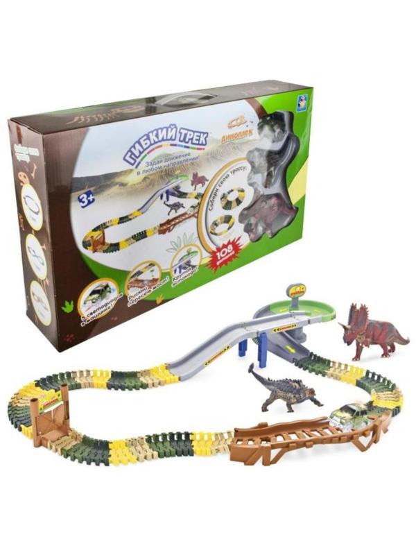 Трек гибкий Динопарк 108 дет, эсткада, туннель, ворота, 2 бол. динозавра 1
маш. с 5 ламп.