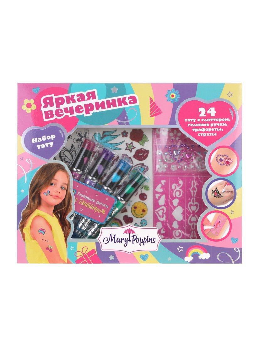Набор тату Яркая вечеринка: 4 гелевые ручки для тату, 2 листа переводных
наклеек, 1 лист со стразами, 1 лист с трафаретами