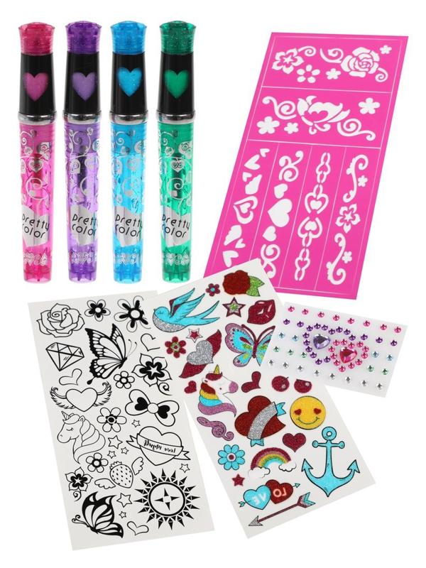 Набор тату Яркая вечеринка: 4 гелевые ручки для тату, 2 листа переводных
наклеек, 1 лист со стразами, 1 лист с трафаретами