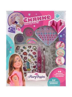 Набор тату Сияние: 1 гелевая ручка для тату, 2 листа переводных наклеек, 1
лист со стразами, 2 баноски с блестками, 1 кисточка