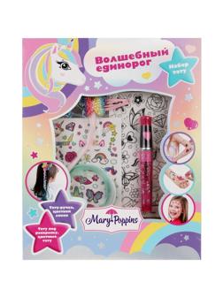 Набор тату Волшебный единорог: 2 листа переводных наклеек, гелевая ручка для
тату, заколка с локоном