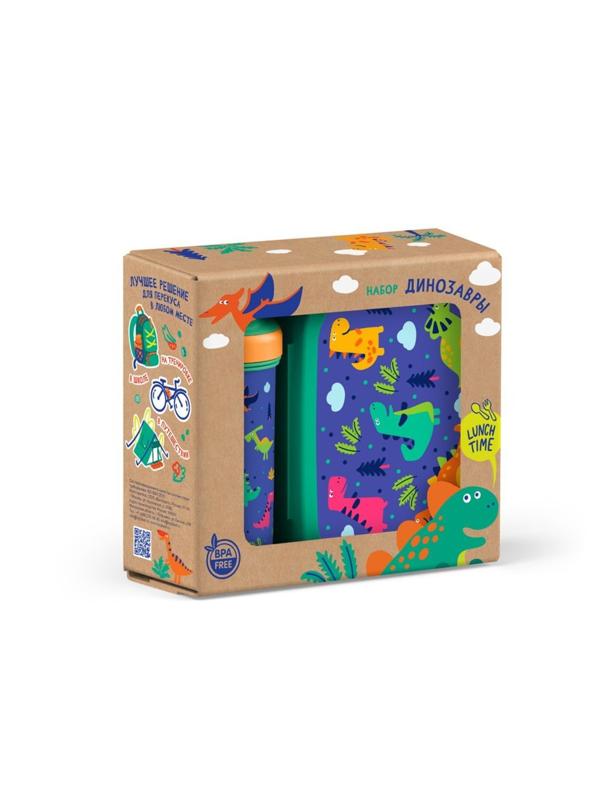 Набор: Ланч-Бокс 0,98 л. и Бутылка для воды с петлей 0,4 л., с декором Зеленый