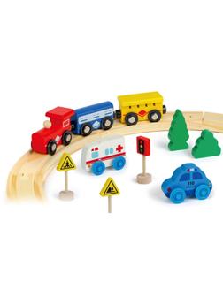 Разв. игра из дер. Железная дорога: 8 эл. дор., дл. полотна 128 см,
паровоз+2 вагона, 2 машинки, 8 эл. декора