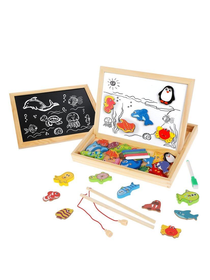 Бизи-чемоданчик Рыбалка: доска для рисования, меловая доска, магнитные
фигурки и фигурки для рыбалки, удочка