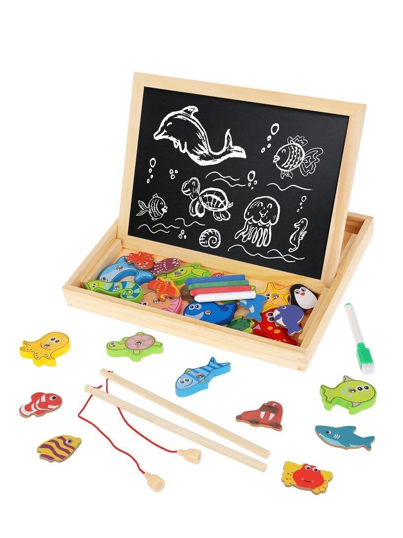 Бизи-чемоданчик Рыбалка: доска для рисования, меловая доска, магнитные
фигурки и фигурки для рыбалки, удочка