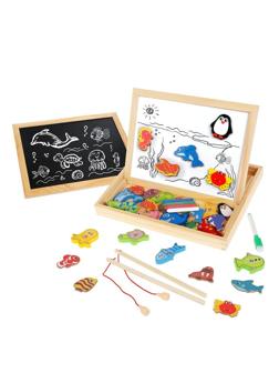 Бизи-чемоданчик Рыбалка: доска для рисования, меловая доска, магнитные
фигурки и фигурки для рыбалки, удочка