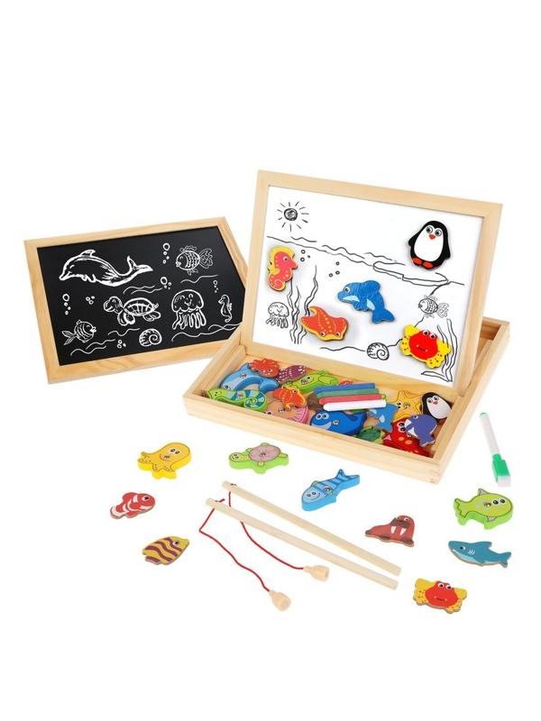 Бизи-чемоданчик Рыбалка: доска для рисования, меловая доска, магнитные
фигурки и фигурки для рыбалки, удочка