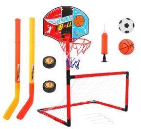 Набор 3 в 1 Футбол+Баскетбол+Хоккей, ворота, щит с баскет.кольцом, 2 мяча, 2
шайбы, 2 клюшки, насос