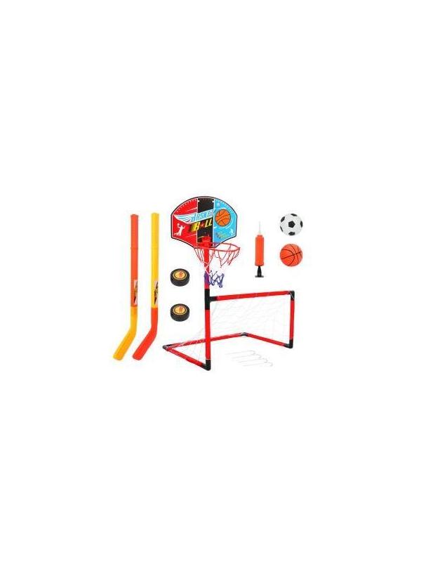 Набор 3 в 1 Футбол+Баскетбол+Хоккей, ворота, щит с баскет.кольцом, 2 мяча, 2
шайбы, 2 клюшки, насос