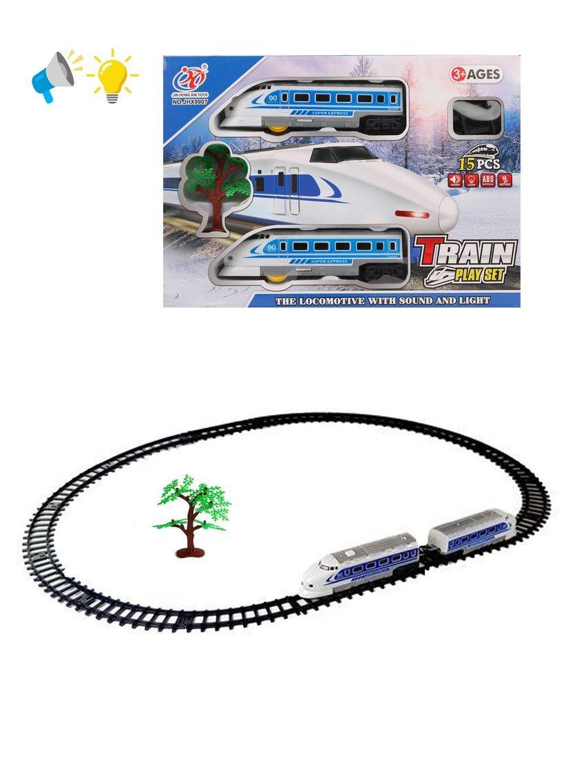 Железная дорога эл., Скоростной поезд, Комплектность: локомотив 2шт., элементы
пути 12шт., аксессуар 1 шт., свет, звук, эл.пит.АА*3шт.не вх.в комплект
